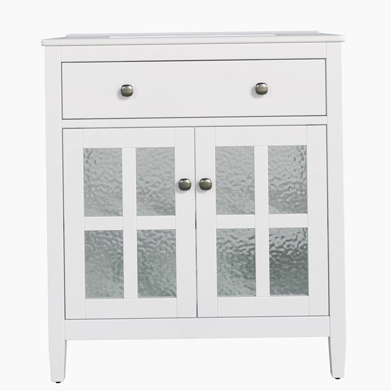 Meuble-lavabo avec lavabo en céramique, tablette réglable, plateau basculant, pieds en bois massif, boutons argentés et charnières à fermeture en douceur pour des salles de bain fonctionnelles et élégantes