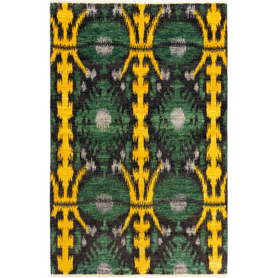 Tapis unique vert / jaune en laine noué à la main style Mogul des années 2010 de 5 pi 11 po x 9 pi Quinya