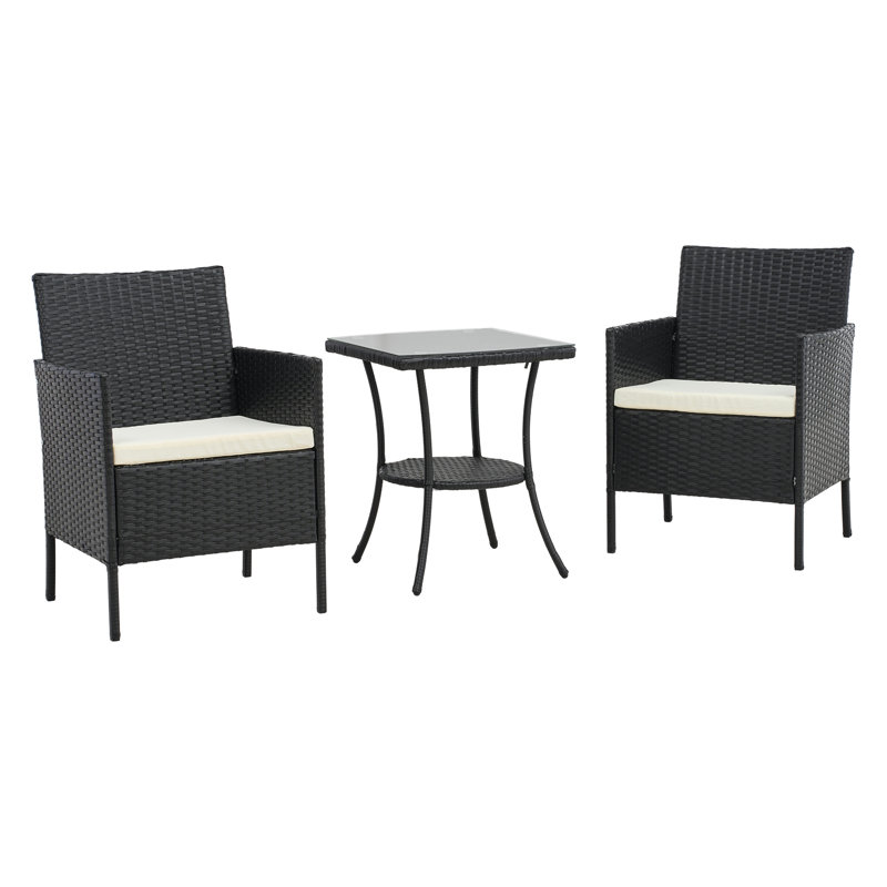 3-Piece PE Rattan Garden Furniture Bistro Set, Beige Cushion/Black Frame