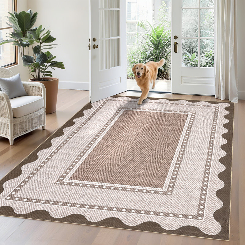 Washable Scalloped Area Rugs Living Room Rug Non Slip Stain-Resistant Rug for Bedroom Dining Room Home Office Linen, Brown