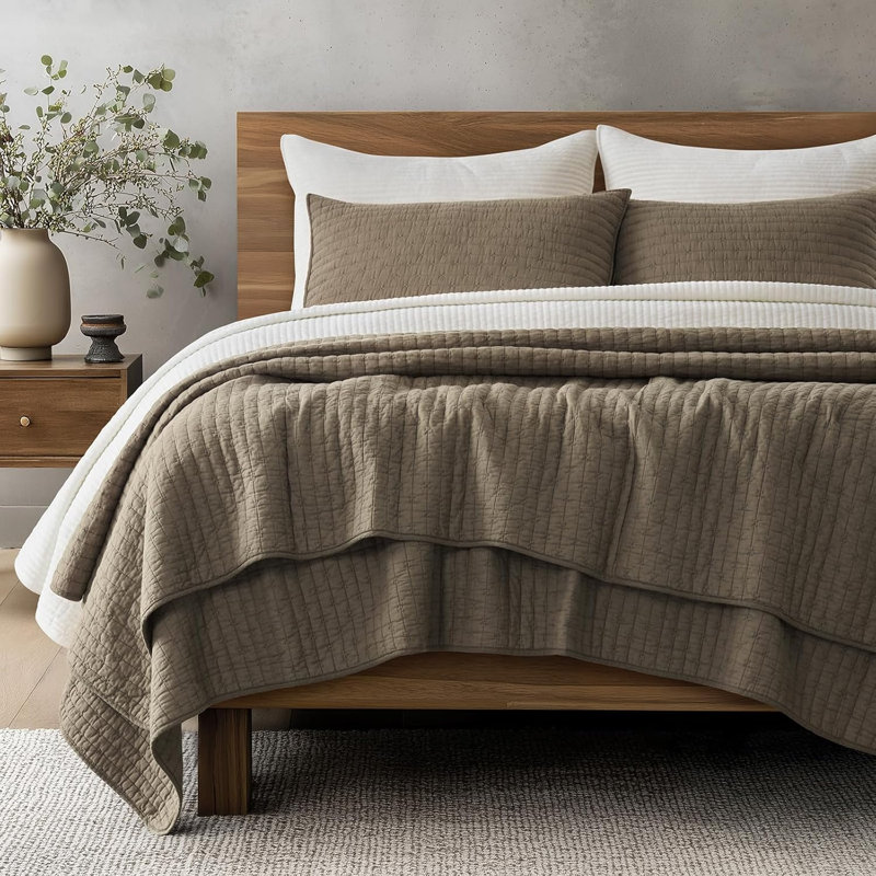 Ensemble de courtepointe en point de croix en coton, Grand lit, Light Brown