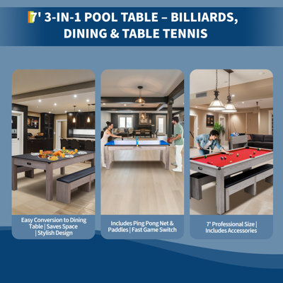 Table multi-jeux 7-en-1 7 pi, table de billard en grain de bois HDF avec surface de salle à manger amovible et surface de tennis de table, accessoires de jeu complets et chariot de rangement roulant pour la salle de jeu au sous-sol, rouge
