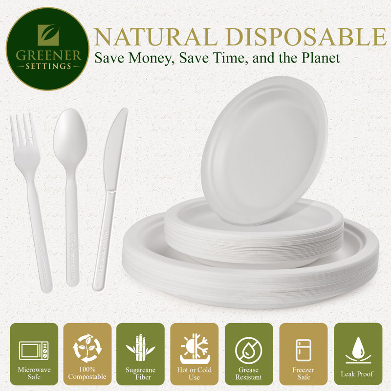 Compostable Disposable Paper Plates Combo and Utensil Set - 25 Sets
