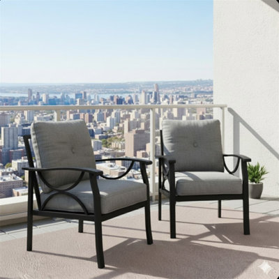 Ensemble de 2 fauteuils en métal toutes saisons, structure noire avec coussins gris