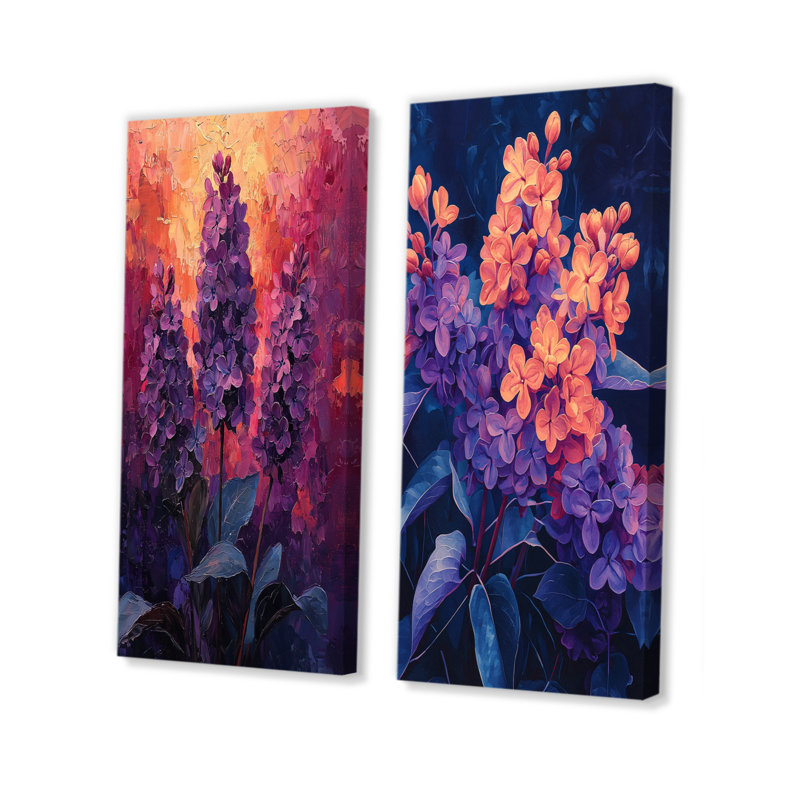 Fiery Lilacs In Dark Tones Expressionism I - Floral Wall Art 2 Pieces, 28" H x 25" W, Wrapped Canvas