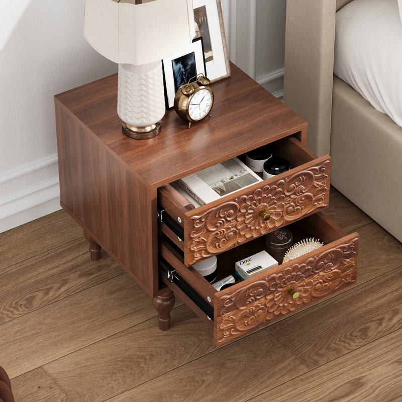 18.14'' Tall 2 Drawer Farmhouse Embossed Nightstands, Walnut