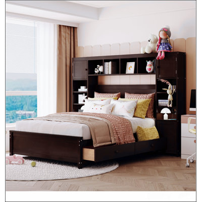 Wooden Bed Frame With All-In-One Cabinet And Drawers