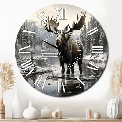 Brown White Moose Winter Majesty - Animals White Face Wall Clock