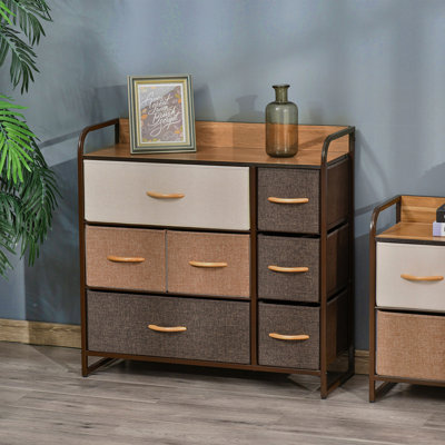 7-Drawer Dresser, Fabric Drawers, 3-Tier Storage Organizer for Bedroom Entryway, Tower Unit with Steel Frame Wooden Top, Maple Wood