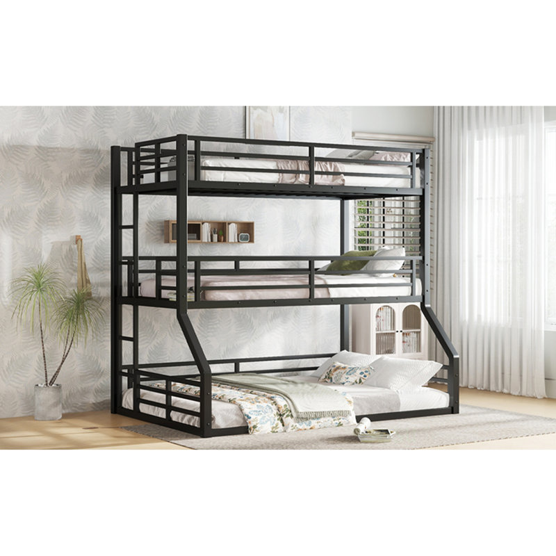 Twin Over Twin Over Full XL Metal Triple Bunk Bed With Safety Guardrails And Noise-Reduced Design For Space Efficiency