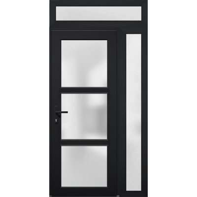 Front Exterior Prehung FiberGlass Door Frosted Glass / Manux 8552 Matte Black / Side and Top Exterior Window / Office Commercial and Residential Doors Entrance Patio Garage-W30+12" x H80+14"-Right-hand Inswing