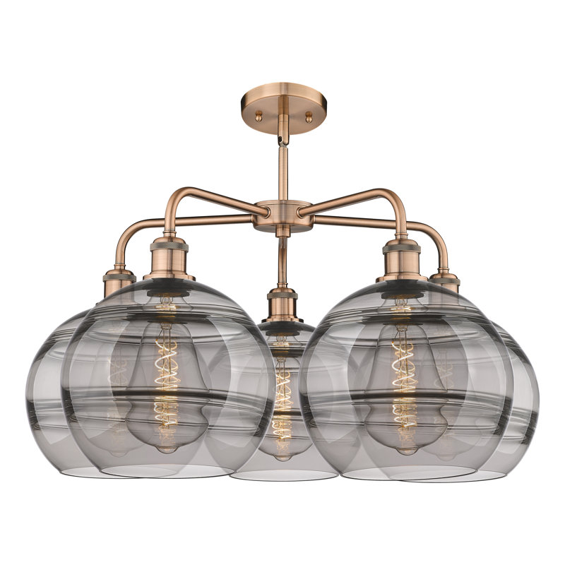 Lustre rond / ovale à abat-jour 5 lumières, H 17,13 po x l 28 po x P 28 po, Gris fumée clair, Cuivre antique