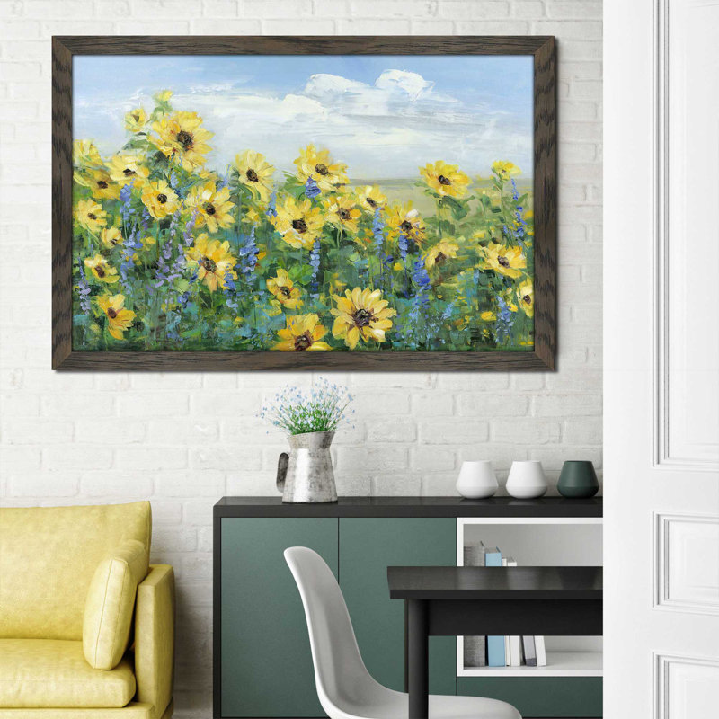 «Sunflower Fields Forever» par - Peinture, H 27,5 po x l 39,5 po x P 0,75 po, Cadre chocolat patiné