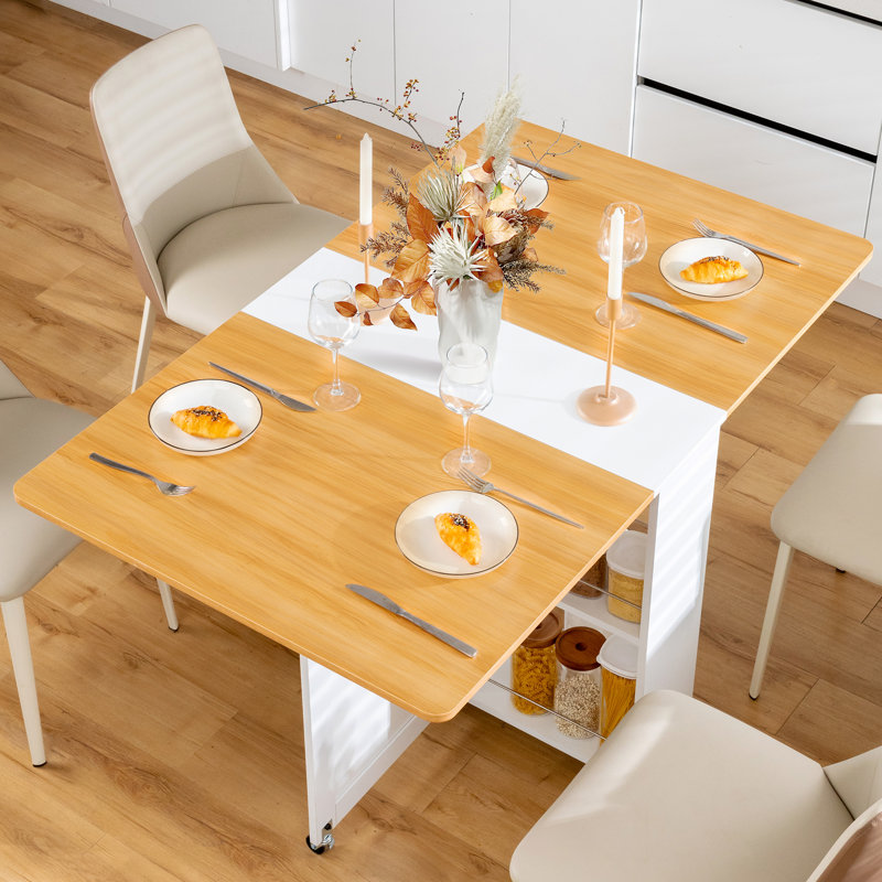  Vuyo Folding Dining Table, Drop Leaf Dining Table With 6 Wheels And 2-Layer Storage Shelf, Space Saving Dining Table For Small Spaces,Folding Kitchen Table