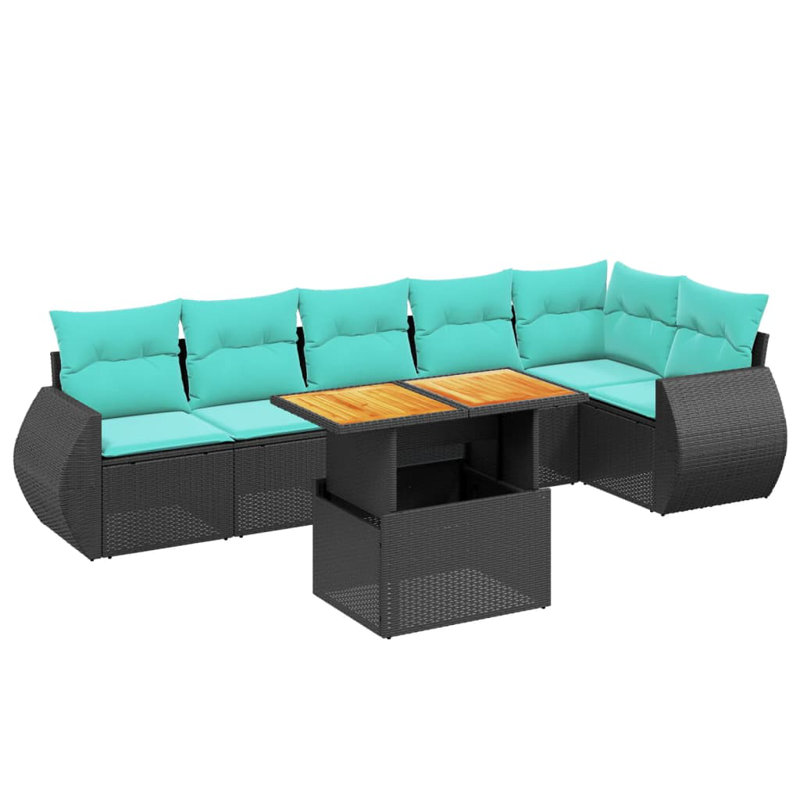  7 Piece Patio Sofa Set With Cushions Poly Rattan, Black, Green