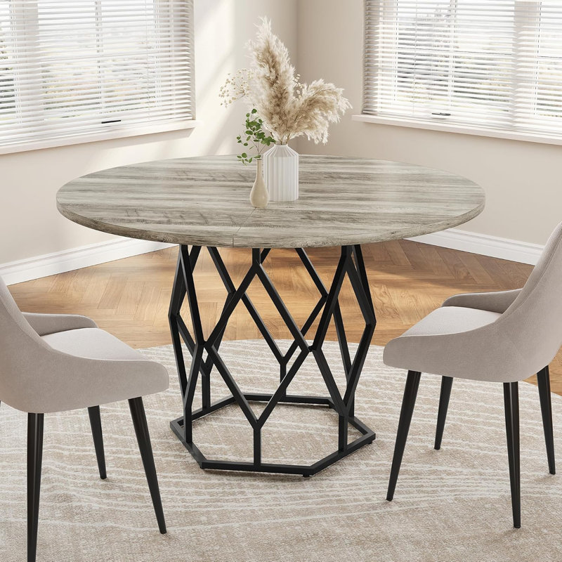 Modern Farmhouse Round Dining Table for 4-6 – 47 Inch Industrial Restaurant Table with Sturdy Metal Base – Rustic Wood Circle Design for Kitchen or Dining Room