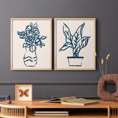 Navy Plant Sketches I-Premium Framed Print -Ready to Hang - No Nails Required - No Nails Required