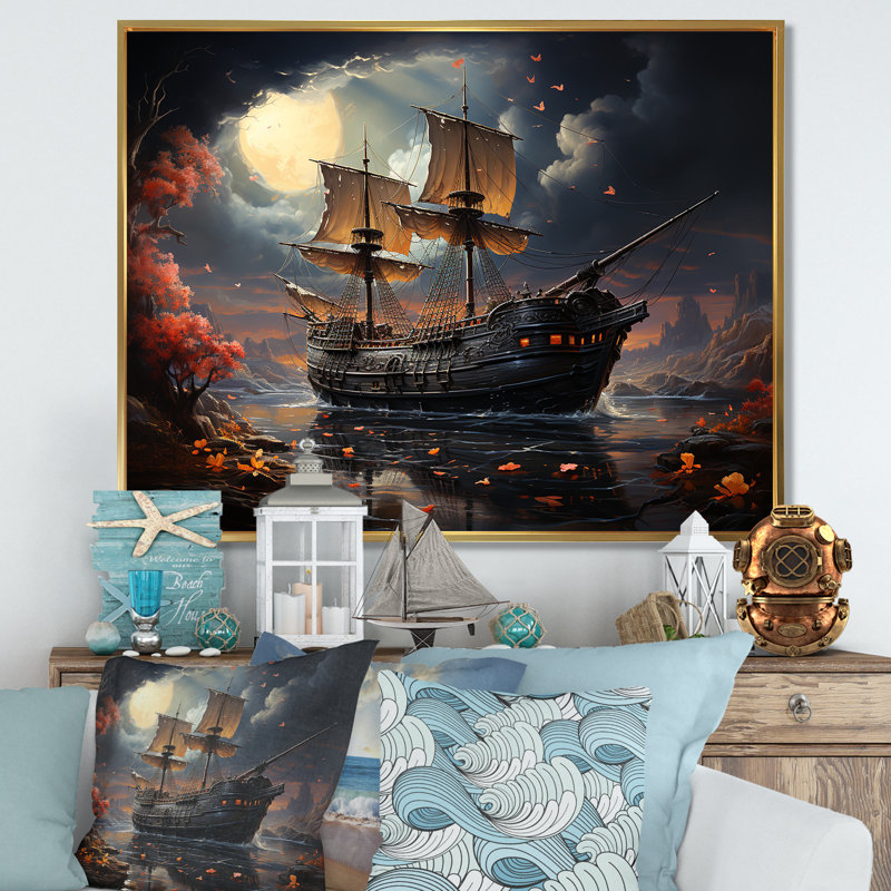 Pirate Ship Nightly Voyage I - Art mural pirate, Cadre flottant doré, H 16 po x l 32 po x P 1 po
