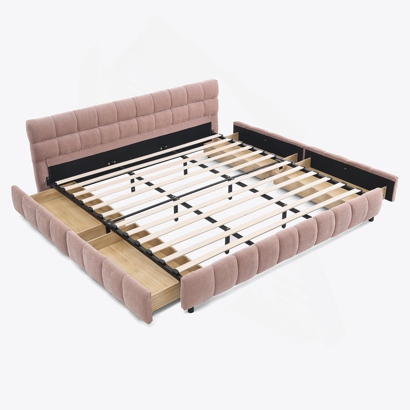 Lit rembourré confortable avec tête de lit et structure solide, avec tiroirs de rangement, idéal pour une chambre à coucher relaxante.
