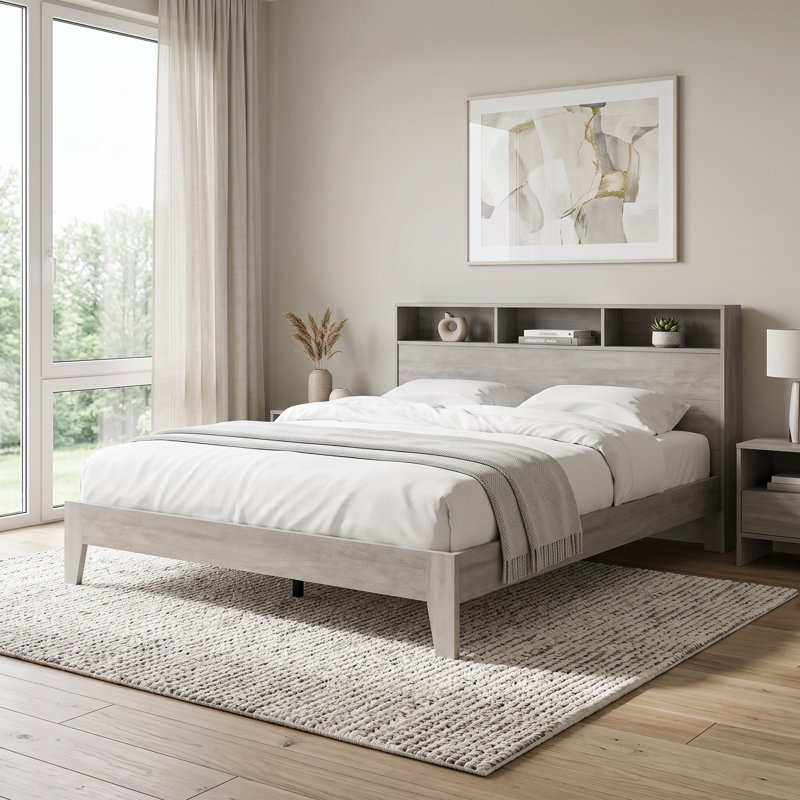 Allysyn Modern 64.5" W Queen Platform Bed with Bookcase Headboard, Dusty Gray Oak