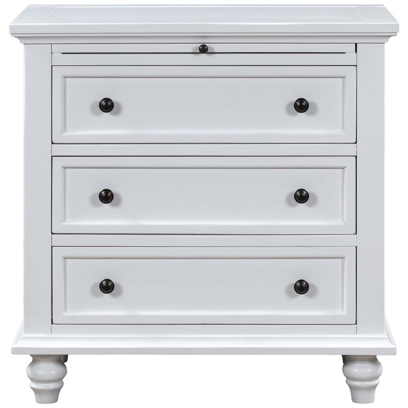 Table de chevet moderne à 3 tiroirs avec plateau coulissant, table d'appoint élégante avec pieds en caoutchouc, Blanc