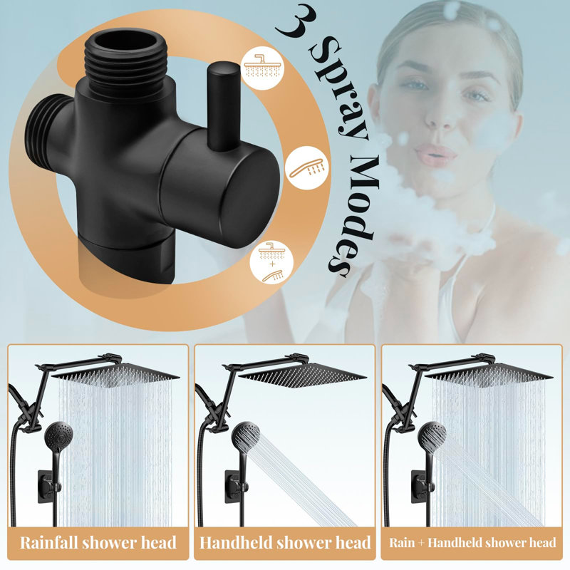 12" Rain Shower Head Combo with with Handheld, Adjustable Height Arm, Black