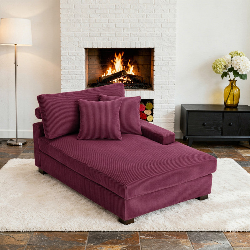 Milbrey Oversized Upholstered Chaise Lounge with Armrests & Throw Pillows, Right Hand Facing, Purple, Corduroy