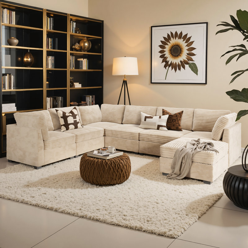 Hogle Modern Modular U-Shaped Sectional Plush Corduroy Sofa With Movable Ottoman, Wide Deep Seats For Living Room