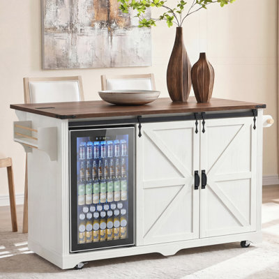 Îlot de cuisine de ferme avec espace de rangement pour réfrigérateur et prise de courant, armoire à café sur roulettes à 4 tiroirs