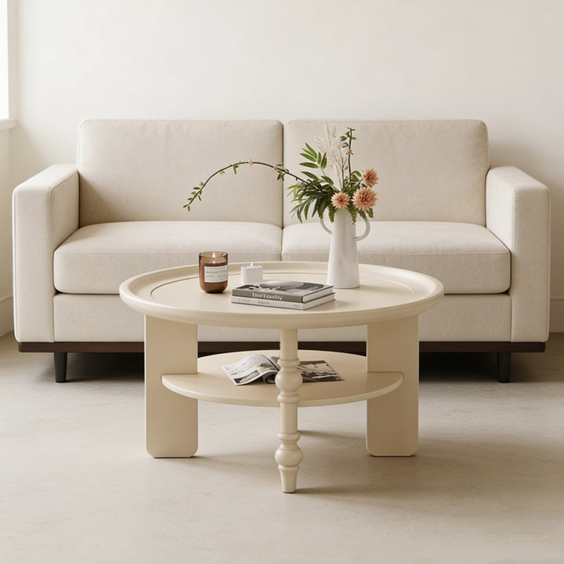 Creamy Style Cherry Wood Double-tier Coffee Table, 17.32" H x 31.49" L x 31.49" W