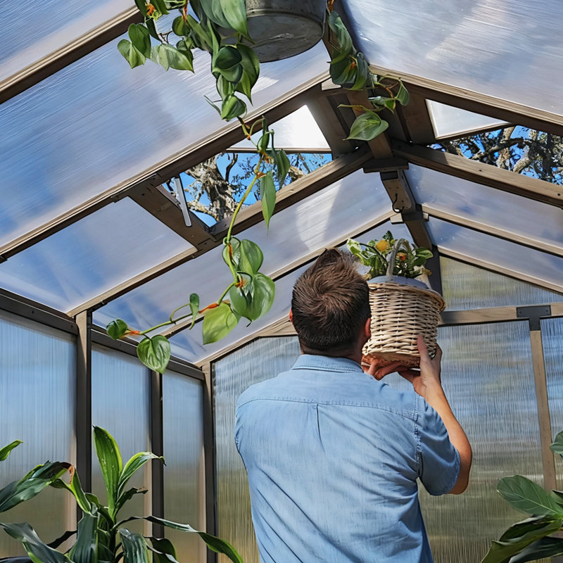 Cedar Walk-In Greenhouse With Manual Adjustable Skylight, Polycarbonate UV-Resistant Panels & Metal Mesh Vent — 6 Ft. W X 12 Ft. D X 7 Ft. H