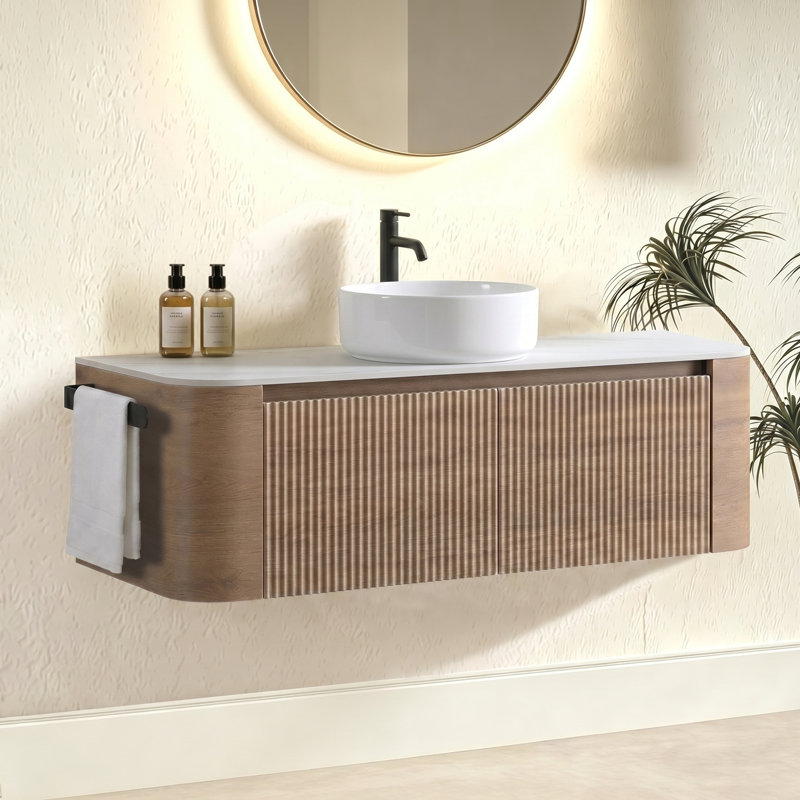 Meuble-lavabo Erba de 48 po avec lavabo, armoire murale en chêne miel et porte-serviettes gratuit, lavabo simple en céramique blanche, sans drain et robinet, pré-assemblé