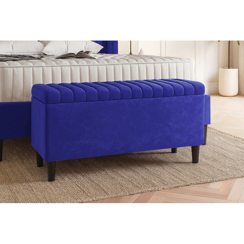 Plush Velvet Lined Upholstered Ottoman Storage Box with Wooden Legs, 45cm H X 120cm W X 40cm D, Sapphire Blue