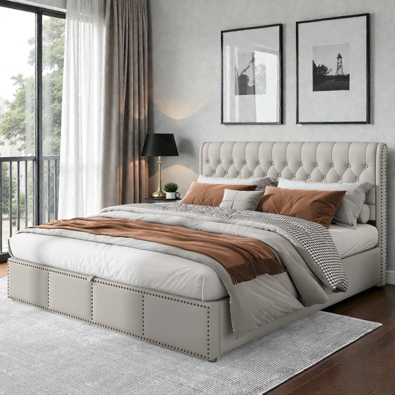 Caddo Velvet Upholstered Bed With Hydraulic Lever, Functional Storage Bed, Rivet Decoration, Light Grey, Kingsize (5')