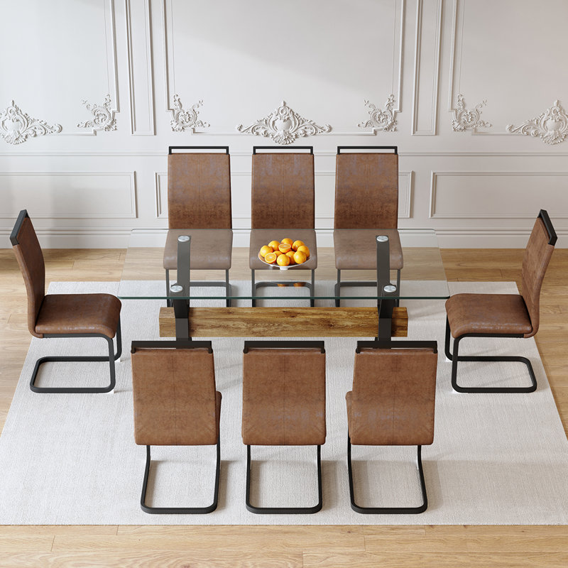 Ibrahim 71" Dining Room Set,Tempered Glass Dining Table Set With Metal Frame, Brown, 9 Pieces: Table, 8 Chairs