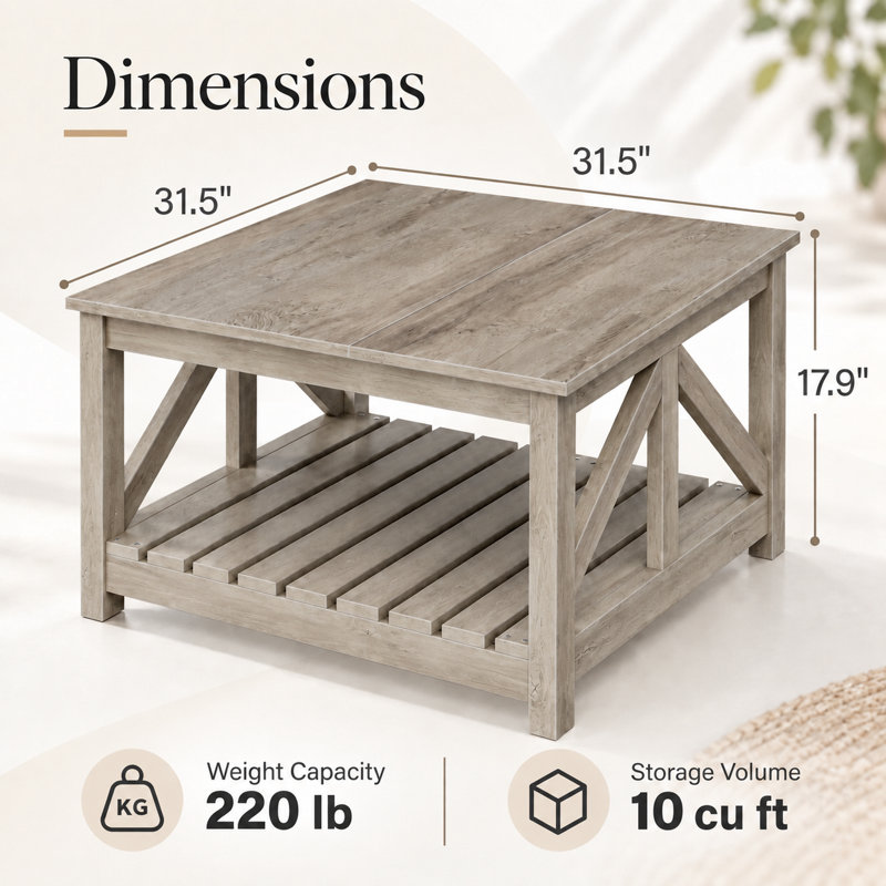 Table basse 31,5 po Farmhouse, 17.9" H x 31.5"W x 31.5" D, Gris, Gris
