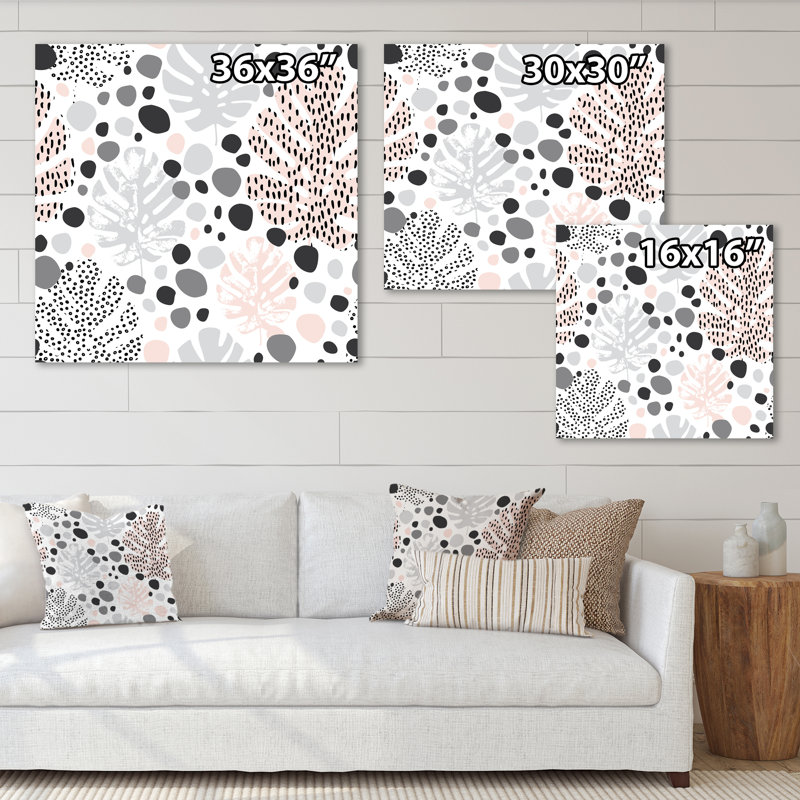 Éléments abstraits dans des tons de gris, feuilles tropicales - impression sur toile, H 36 po x l 36 po x P 1 po