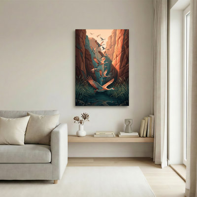 Sandhill Cranes Flying Through Rocky Canyon Canvas Wall Art