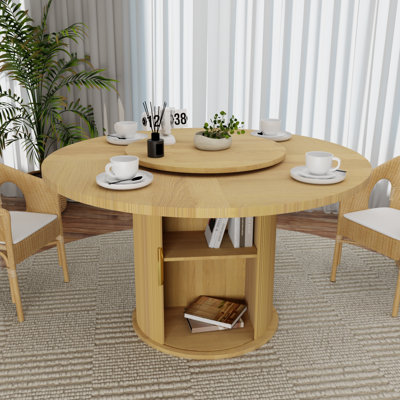 6-person Natural Wood Round Dining Table With A Tabletop Tray And Hidden Shelves
