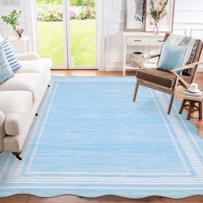  Washable Rug 8x10 Area Rugs for Living Room Bedroom, Non Slip Low Pile Solid Neutral Soft Carpet, Modern Scalloped Pattern, Faux Wool Floor Mats for Dining Room Home Office, Light Blue