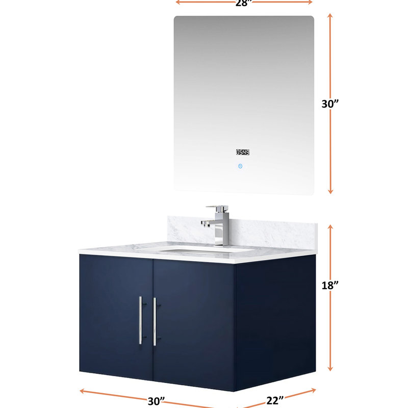 Bleu marine 30 po Meuble-lavabo X 22, surface en marbre, robinet inclus, miroir à DEL - meuble-lavabo avec plateau résistant aux égratignures et aux taches