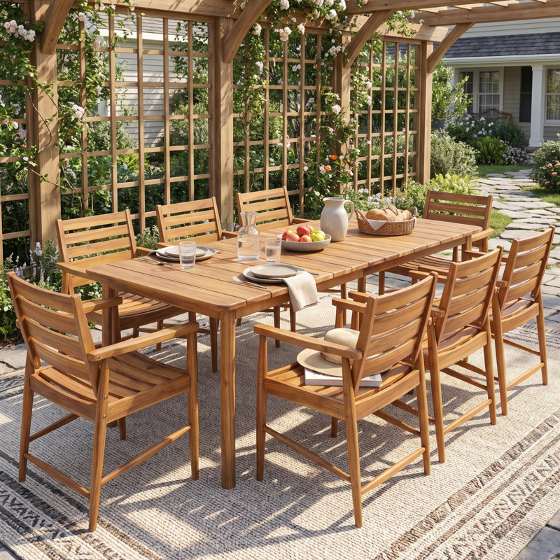Ensemble de salle à manger d'extérieur Derwent pour 8 personnes, en bois d'acacia moderne, avec table à lattes et chaises avec accoudoirs, idéal pour les réceptions sur la terrasse.