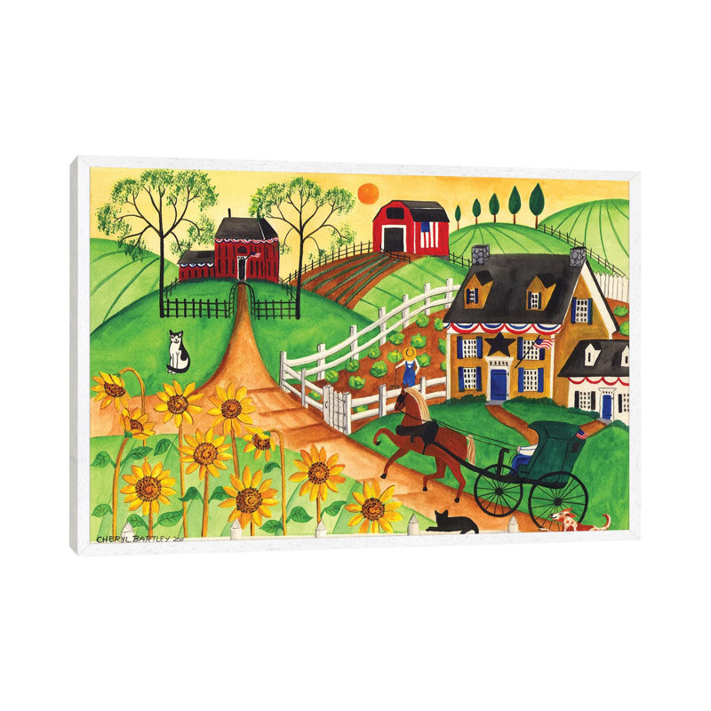 Country Sunflower Quilt Farm by Cheryl Bartley - Print on Canvas, 66.04 cm H x 45.72 cm W, White Framed