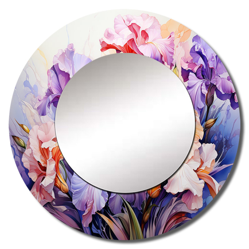 Meadow Iris Whispers I - miroir mural unique Meadow, miroir rond traditionnel, impression d'art en métal, 36 po x 36 po