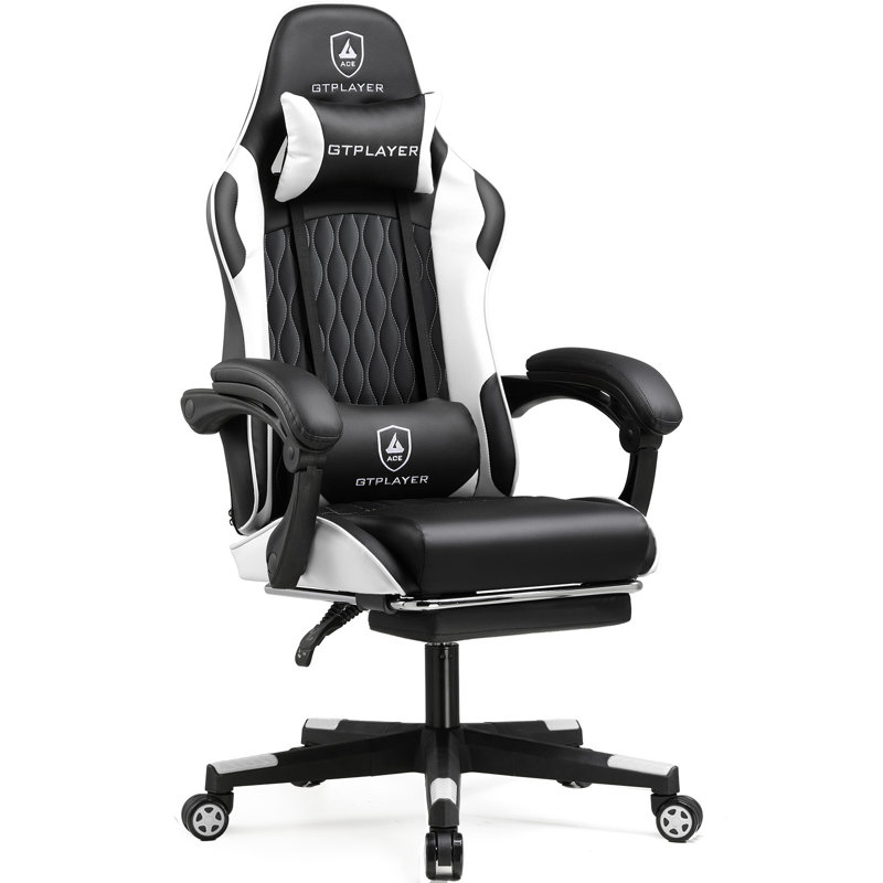 Gaming Chair Spring Cushion, Cow-Spotted Design, Height Adjustable,Headrest,Footrest&Lumbar Support, Black/White