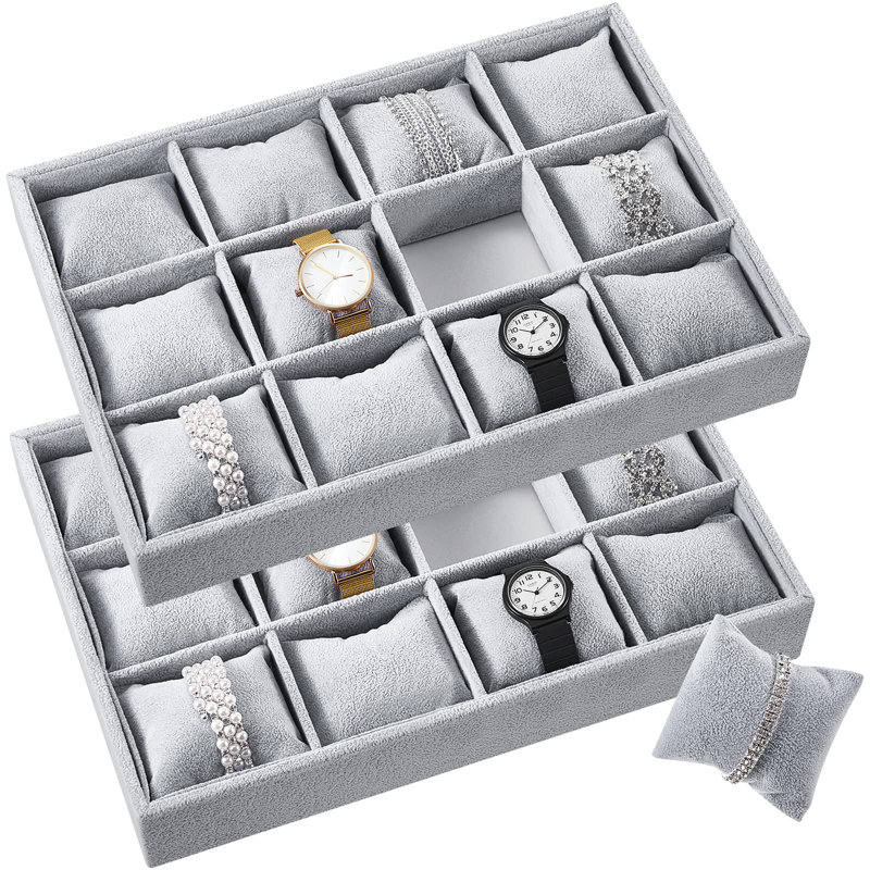 Ensemble de 2 présentoirs à bijoux en velours avec plateau à montre et grille de montre empilable 12 grilles