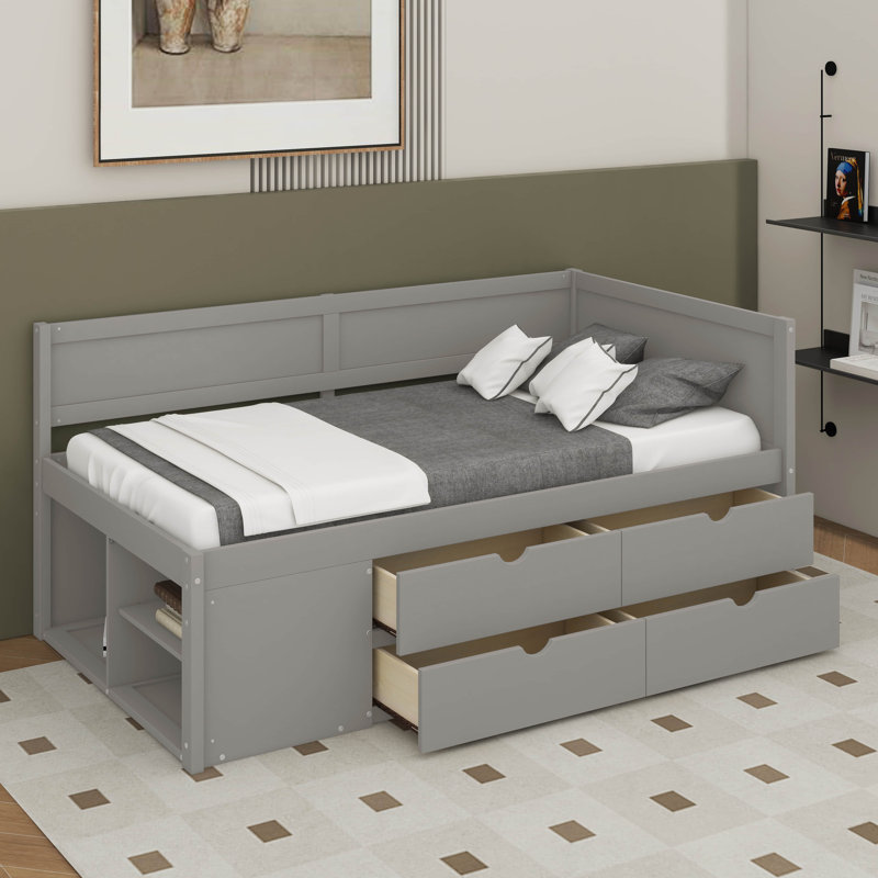 Lit de jour avec tiroirs et tablettes, Gris, Lit simple