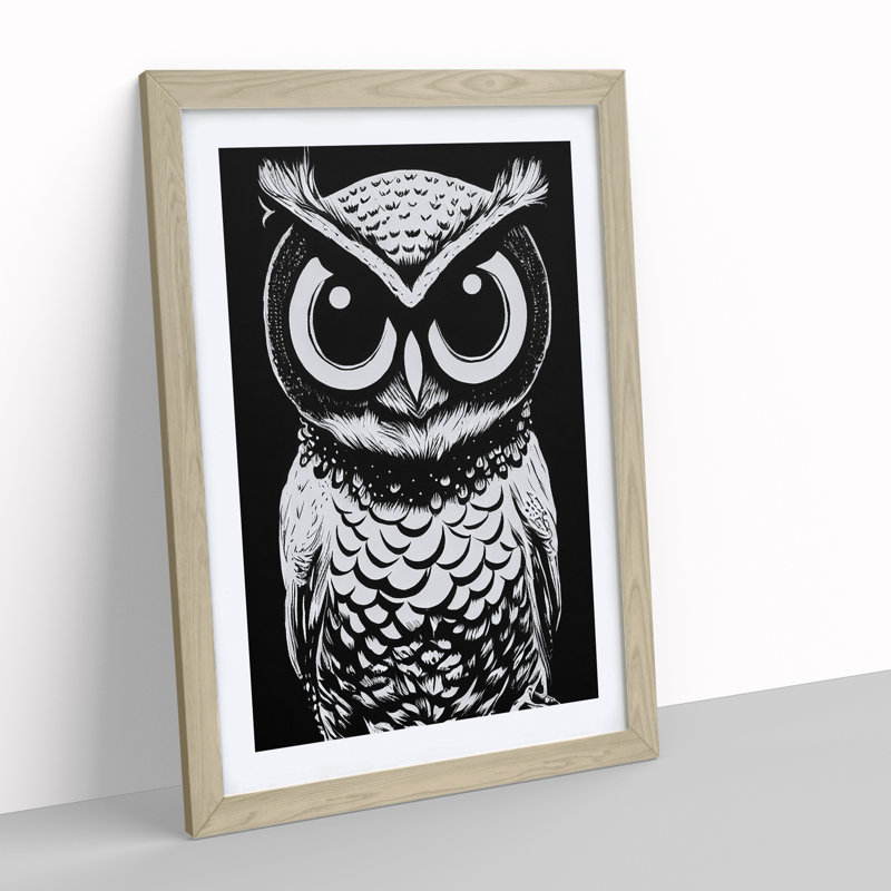 Monochrome Owl No.3 - Framed Print, 34cm H x 25cm W x 2cm D, Oak