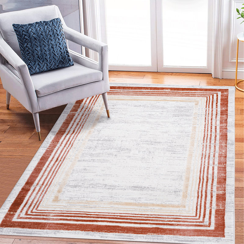 Brown/Ivory/Bordered Non-Shedding Living Room Bedroom Dining Home Office Stylish And Stain Resistant Area Rug