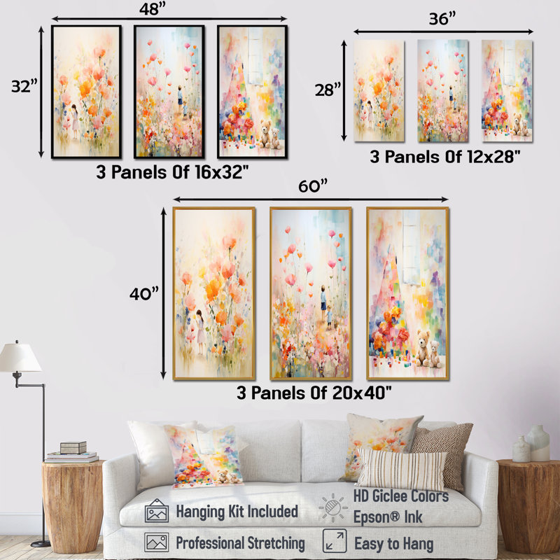 Whimsical Kids Floral Haven I - Ensemble de 3 décorations murales pour enfants, Cadre flottant doré, H 28 po x l 36 po